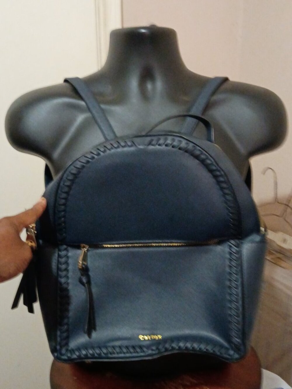 Calpak Kaya Backpack Blue Faux Leather Gold Hardware Trolly Sleeve Side Pockets